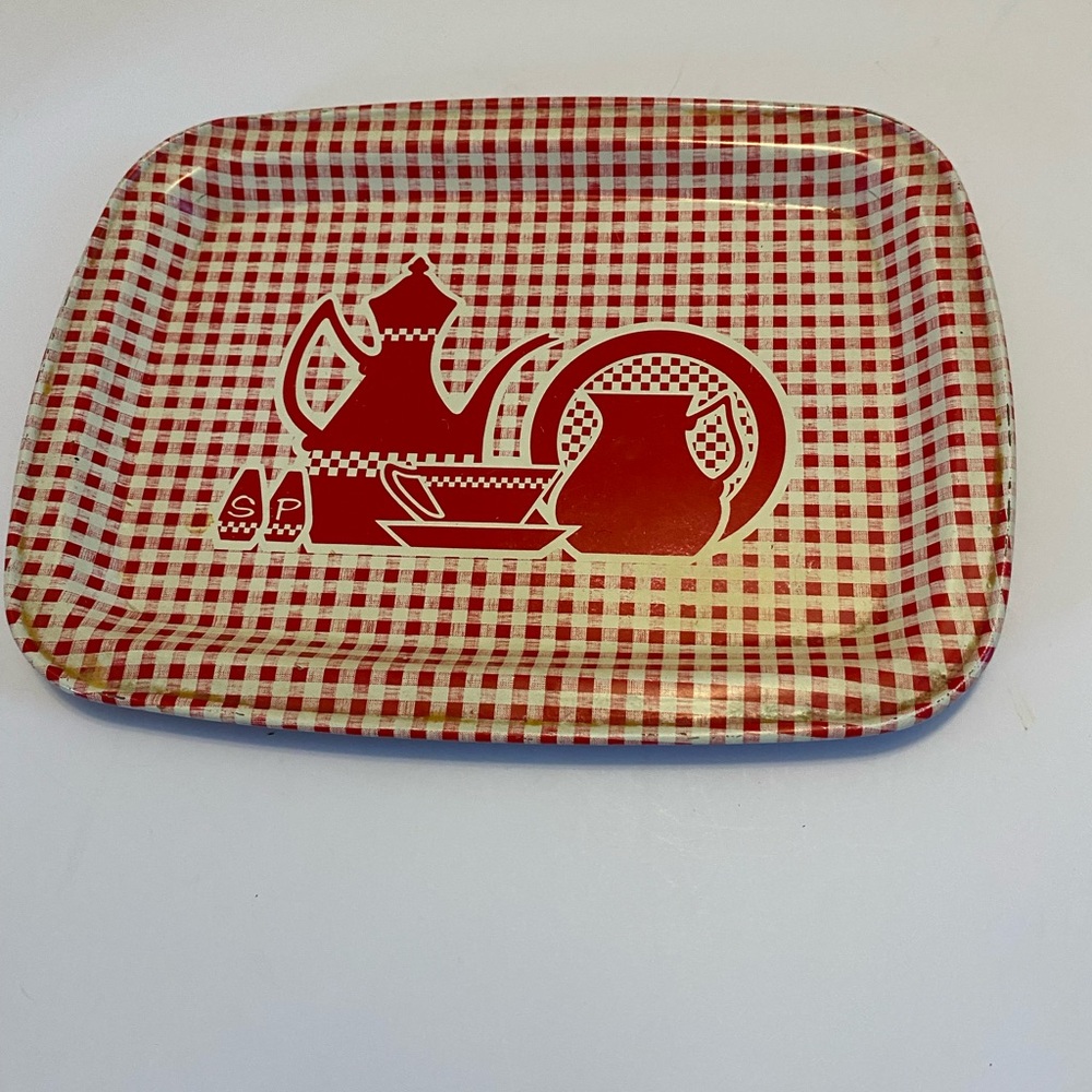 Vintage Mid Century Modern Red Gingham Metal Serving Tray Teapot Salt Pepper